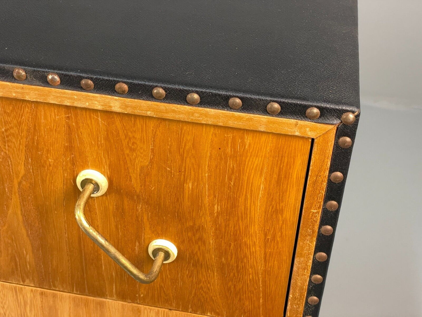 Vintage Danish Small Oak & Studded Vinyl Chest Of Drawers 1950s EB7954 MWOO