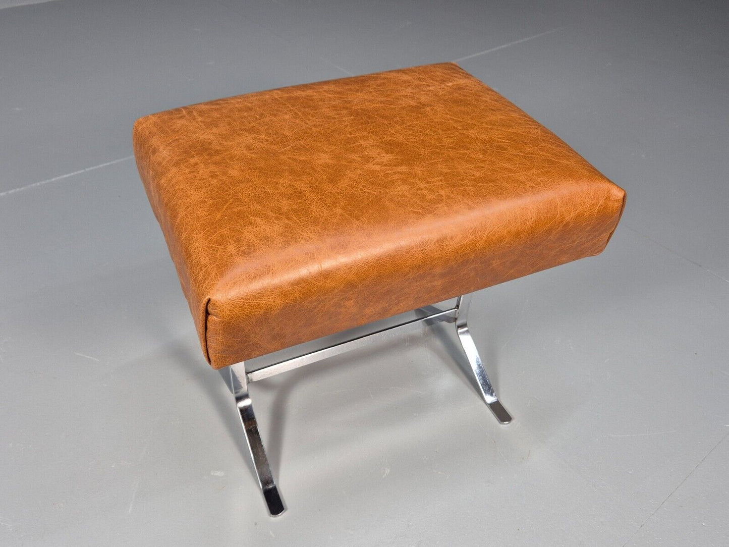 Vintage Danish Footstool Tan Leather Chrome Retro 1970s MCM EB8853 MFOO