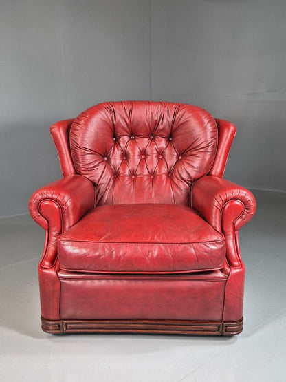 EB7240 Vintage Chesterfield Style Lounge Chair Red Leather Wood Trim 1980s VCHE