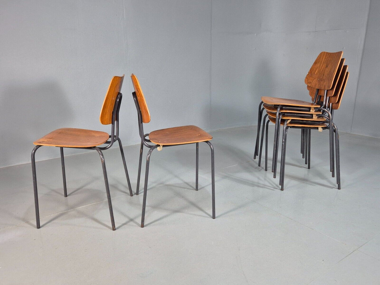 6 Vintage Danish Stacking Chairs Teak Plywood Steel Frame 1960 Retro EB8378 MSTA