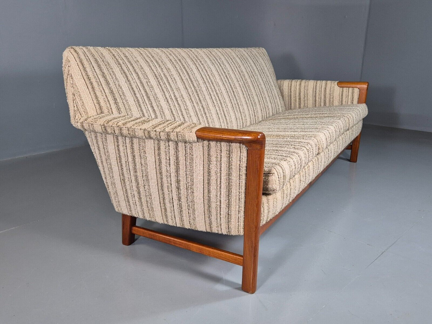 EB7569 Vintage Swedish 3 Seat Sofa Cream Wool Teak Paws Retro MCM 1960s M3SS