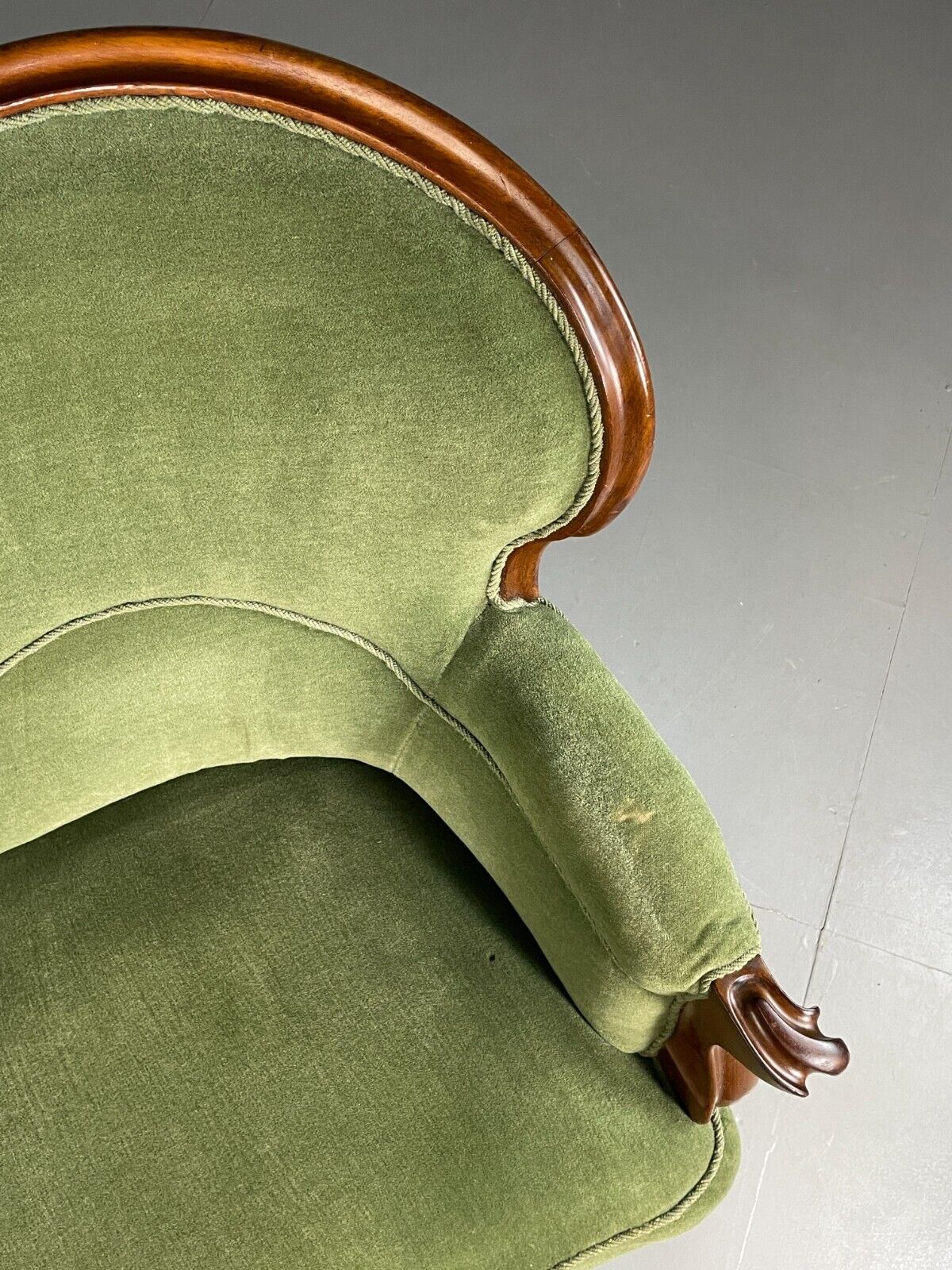 EB6969 Vintage Danish 2 Seat Sofa Mahogany Green Velour Camel Back Antique V2SS