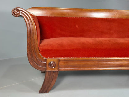 Vintage Danish Scroll Arm Sofa Red Upholstery Mahogany Antique EB7797 V3SS