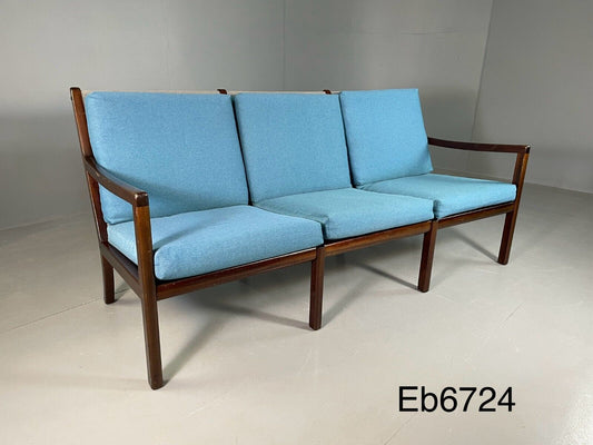 EB6724 Vintage Danish 3 Seat Sofa Blue Mahogany Ole Wanscher MCM Retro M3SS