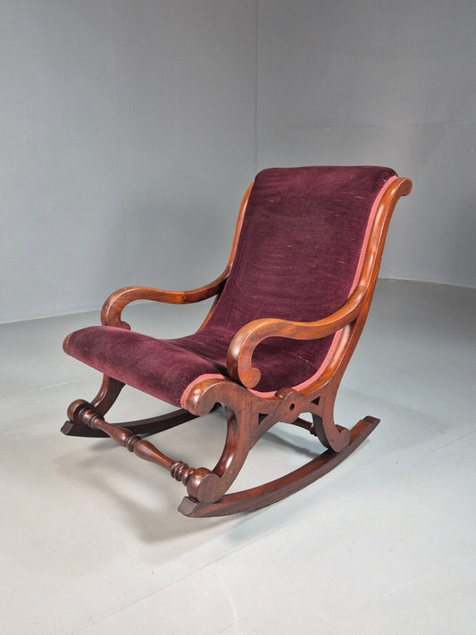 Vintage Rocking Chair Plum Velour Mahogany Frame 1970s Repro EB7925 MNOR