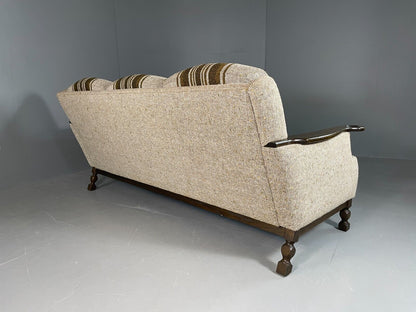 EB6735 Vintage Danish 3 Seat Sofa Cream and Green Wool Oak Frame Retro 1970 M3SS