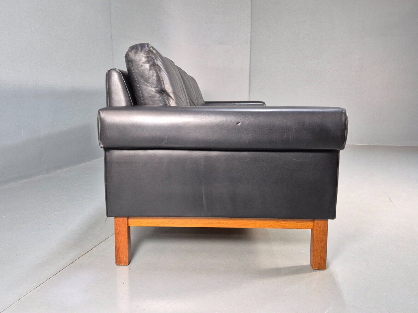 Vintage Swedish 3 Seat Sofa Black Leather Teak Base Retro 1960s MCM EB7756 M3SS