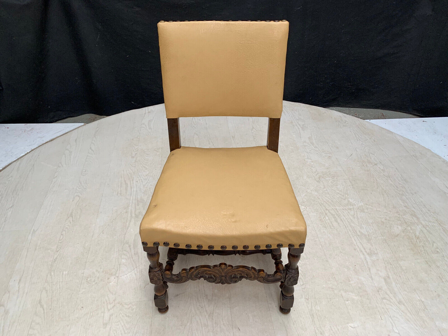 EB2915 Danish Carved, Studded Oak Dining Chair with Tan Vinyl Vintage VDIN