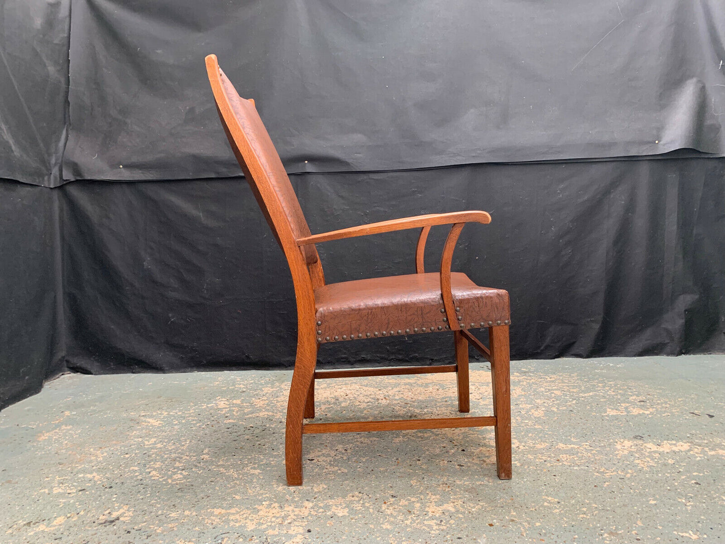 EB1949 Danish Oak & Brown Vinyl High-Back Arm Chair Elbow Desk Vintage VDIN