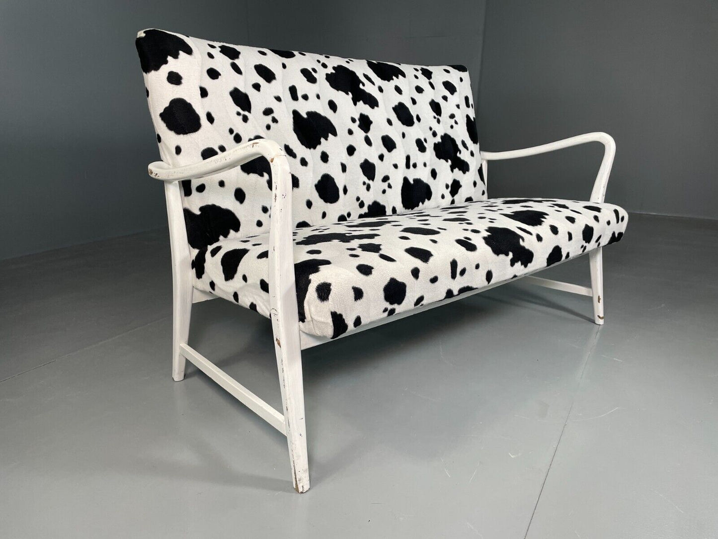 EB6448 Vintage 2 Seat Danish Sofa Painted White Cow Print Cover Retro MCM M2SS