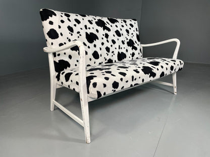 EB6448 Vintage 2 Seat Danish Sofa Painted White Cow Print Cover Retro MCM M2SS