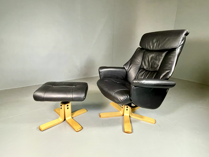 EB6070 Vintage Danish Swivel Chair, Footstool, Black Leather, Retro, 1980s, MSWI