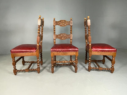 EB6788 3 Vintage Danish Dining Chairs Red Leatherette Oak Antique Style VCAR