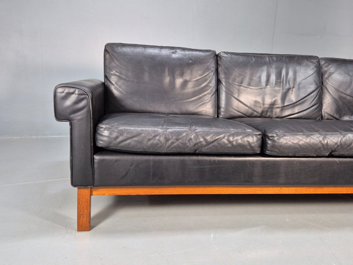 Vintage Swedish 3 Seat Sofa Black Leather Teak Base Retro 1960s MCM EB7756 M3SS