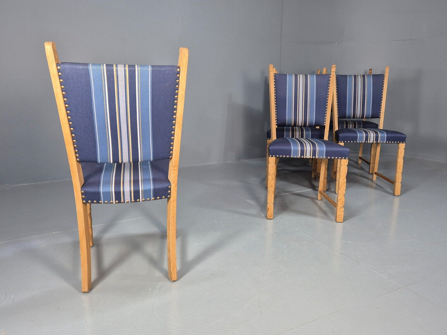 6 Vintage Danish Dining Chairs Blue Wool Oak Kjaernulf Style 1970s EB8300 MDIN