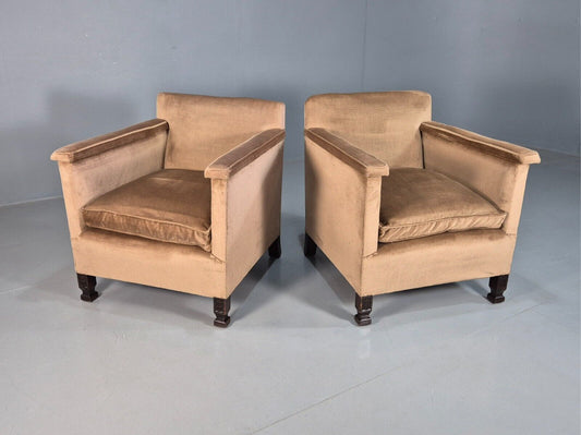 2 Vintage Lounge Chairs, Beige Velour 1940s Art Deco Antique EB8382 VCLO