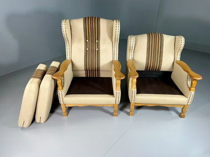 EB6491 Vintage Danish Pair of Armchairs Oak Frame Cream and Brown Fabric VCLO