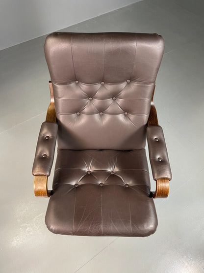 EB6910 Vintage Danish Lounge Chair Brown Leather and Vinyl Swivel Retro MCM MSWI