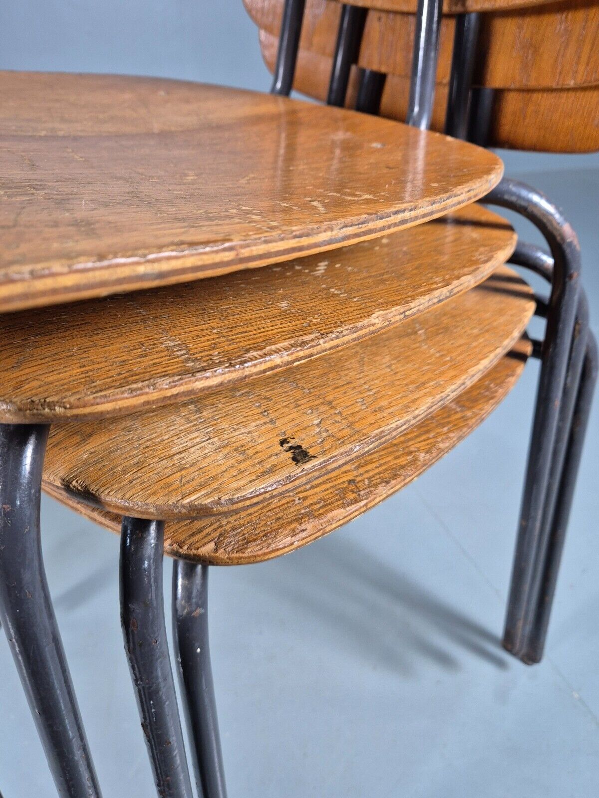 4 Vintage Danish Stacking Chairs Oak Plywood Steel Frame 1960s Retro EB8381 MSTA