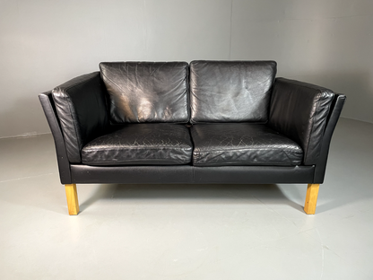 EB6317 Vintage Danish 2 Seat Leather Sofa Black Retro MCM M2SS