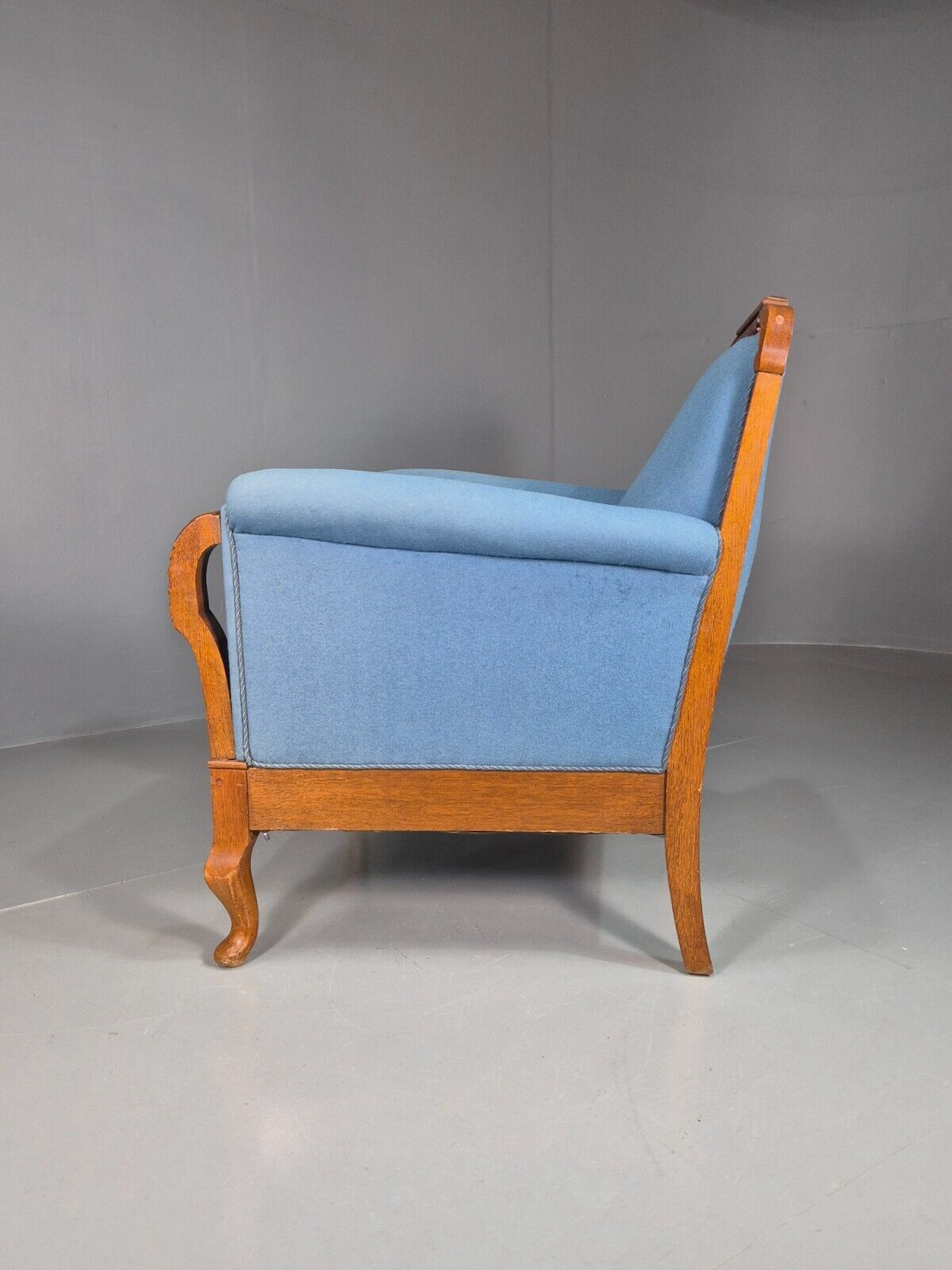 Vintage Danish Lounge Chair Blue Cloth Oak Frame 1900s Antique VCLO EB7813