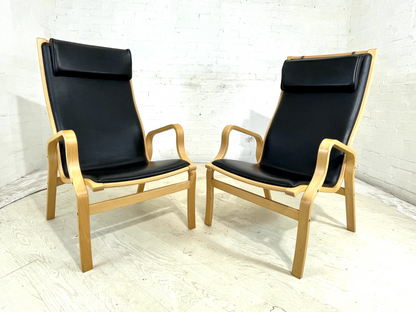 EB4445 Pair Of Vintage Danish Skippers Bentwood Chairs Black Leather Retro MBEN