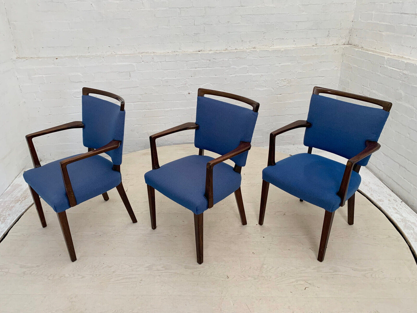 EB3767 Set of Three Danish Beech Desk Chairs with Blue Wool Vintage MDIN