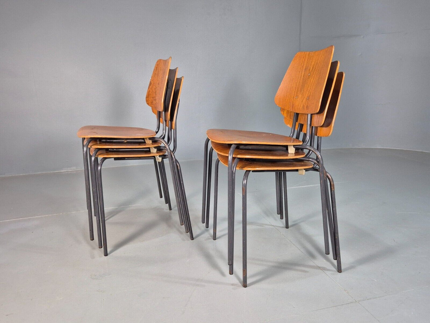 6 Vintage Danish Stacking Chairs Teak Plywood Steel Frame 1960 Retro EB8375 MSTA