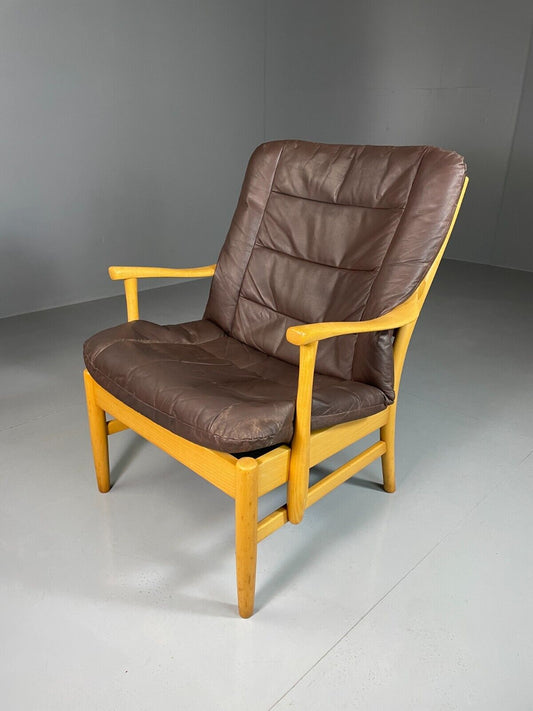 EB6371 Vintage Danish Lounge Chair Brown Leather Beech Frame Retro MCM MNOR