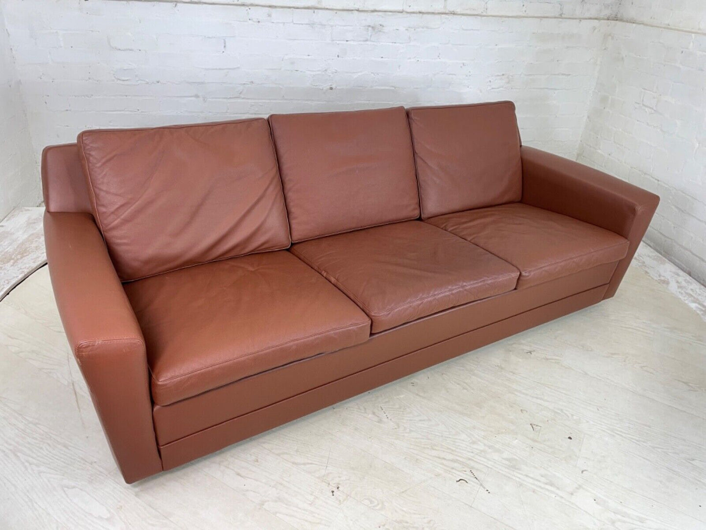 EB4300 Danish Tan Leather 1970s Sofa. Oak Sled Base, Vintage, Retro, MCM. M3SS