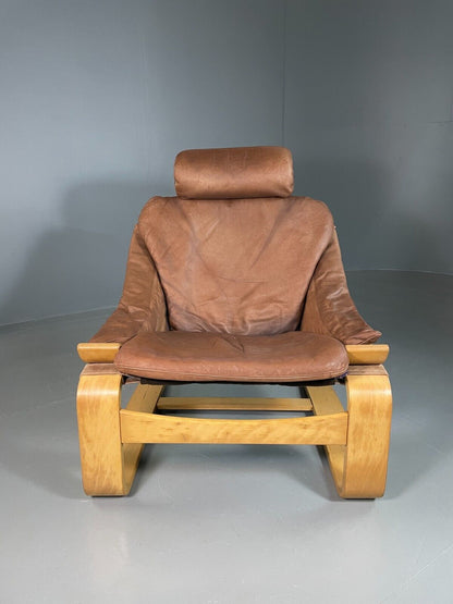 EB6911 Vintage Swedish Lounge Chair Tan Leather Krokken Fribytter Retro MCM MBEN