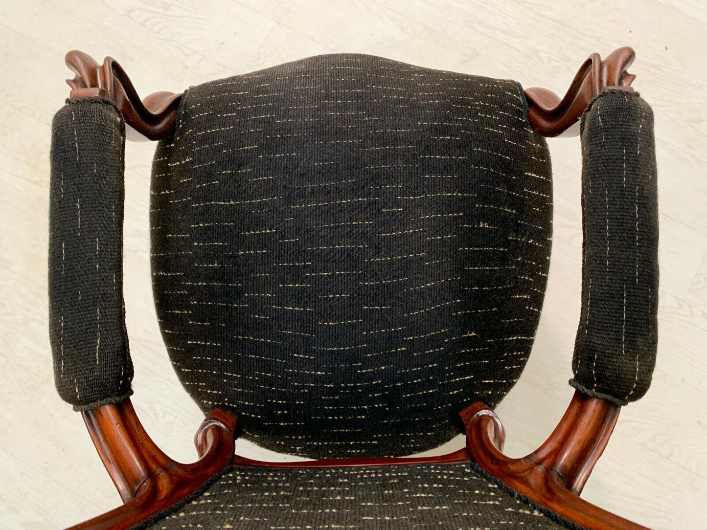 EB2268 Danish Carved Mahogany  & Black Wool Highback Antique Chair Vintage VCAR