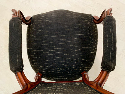 EB2268 Danish Carved Mahogany  & Black Wool Highback Antique Chair Vintage VCAR