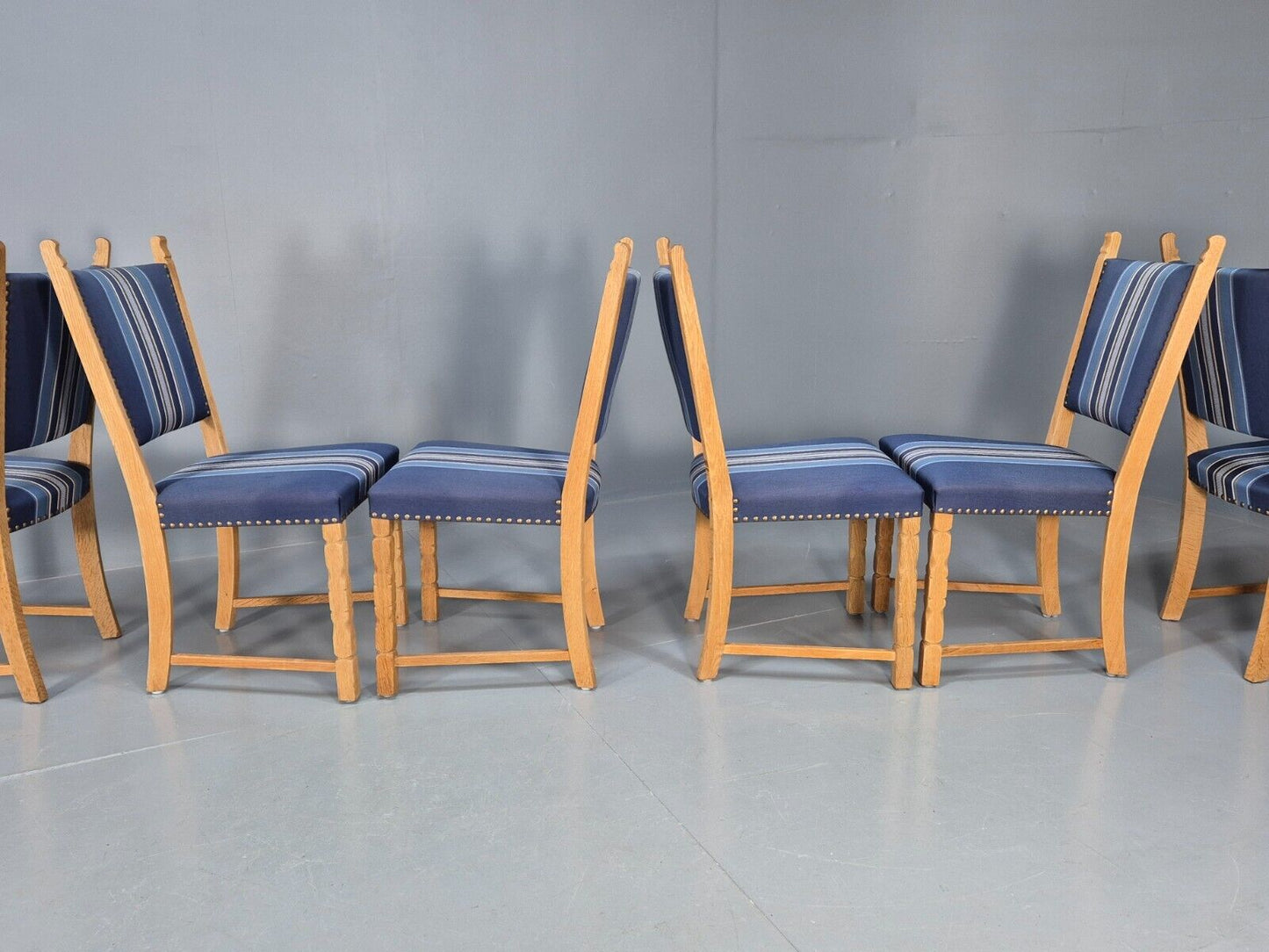 6 Vintage Danish Dining Chairs Blue Wool Oak Kjaernulf Style 1970s EB8300 MDIN