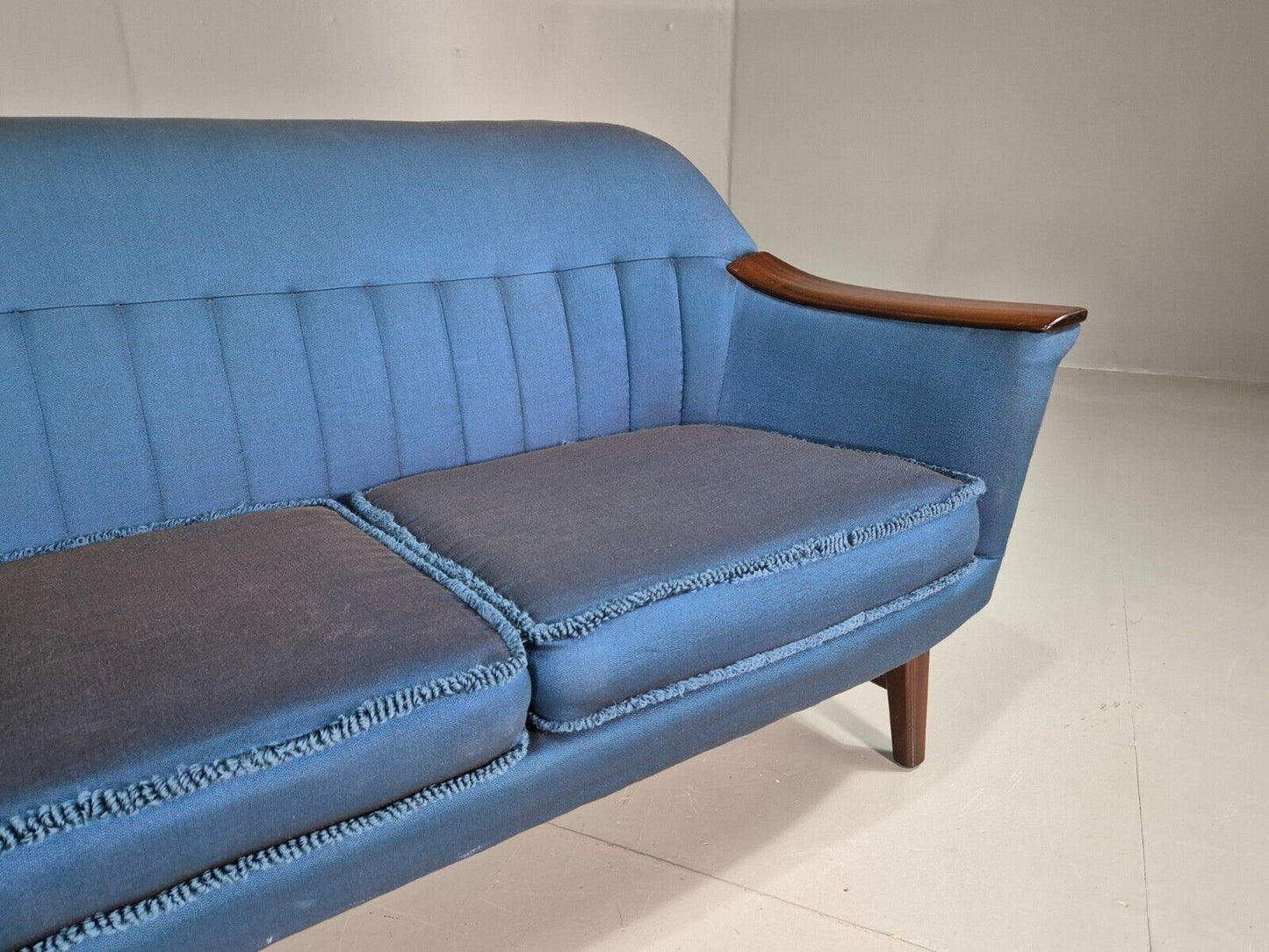 Vintage Swedish 3 Seat Sofa Blue Cotton Wood Arms 1960 Retro MCM EB7594 M3SS