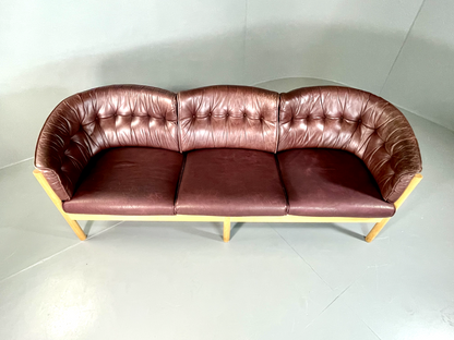 EB6086 Vintage Danish Three Seat Sofa, Leather, Stickback, Jeki, Retro MCM M3SS