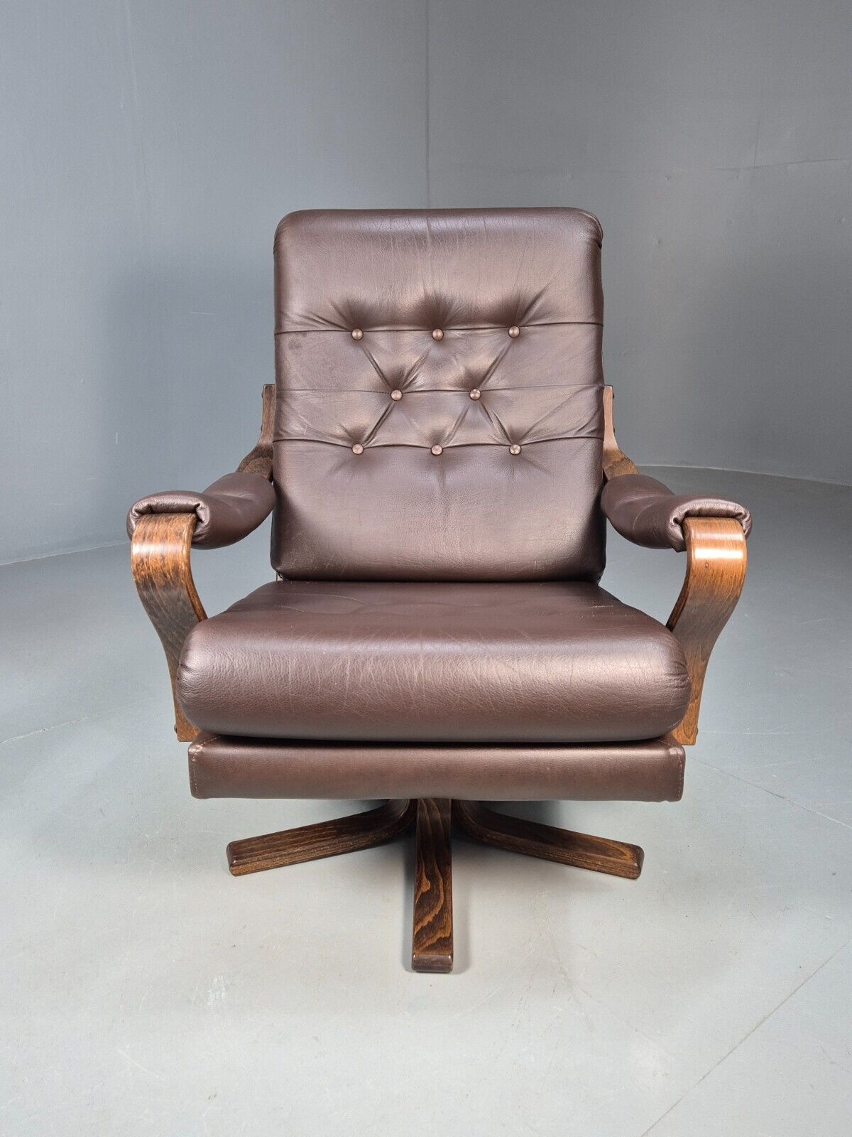 Vintage Danish Swivel Lounge Chair Brown Leather Bentwood 1970s MCM  EB8554 MBEN