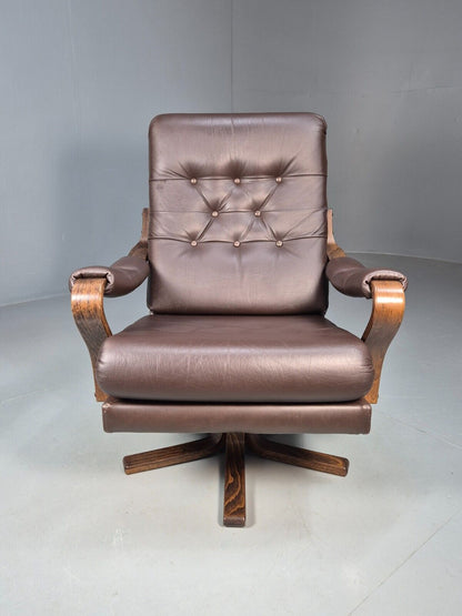 Vintage Danish Swivel Lounge Chair Brown Leather Bentwood 1970s MCM  EB8554 MBEN