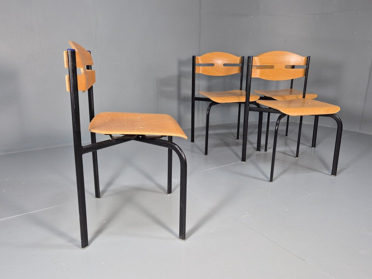 4 Vintage Danish Stacking Chairs Bent Ply Black Metal SIS 1980 Retro EB8856 MSTA