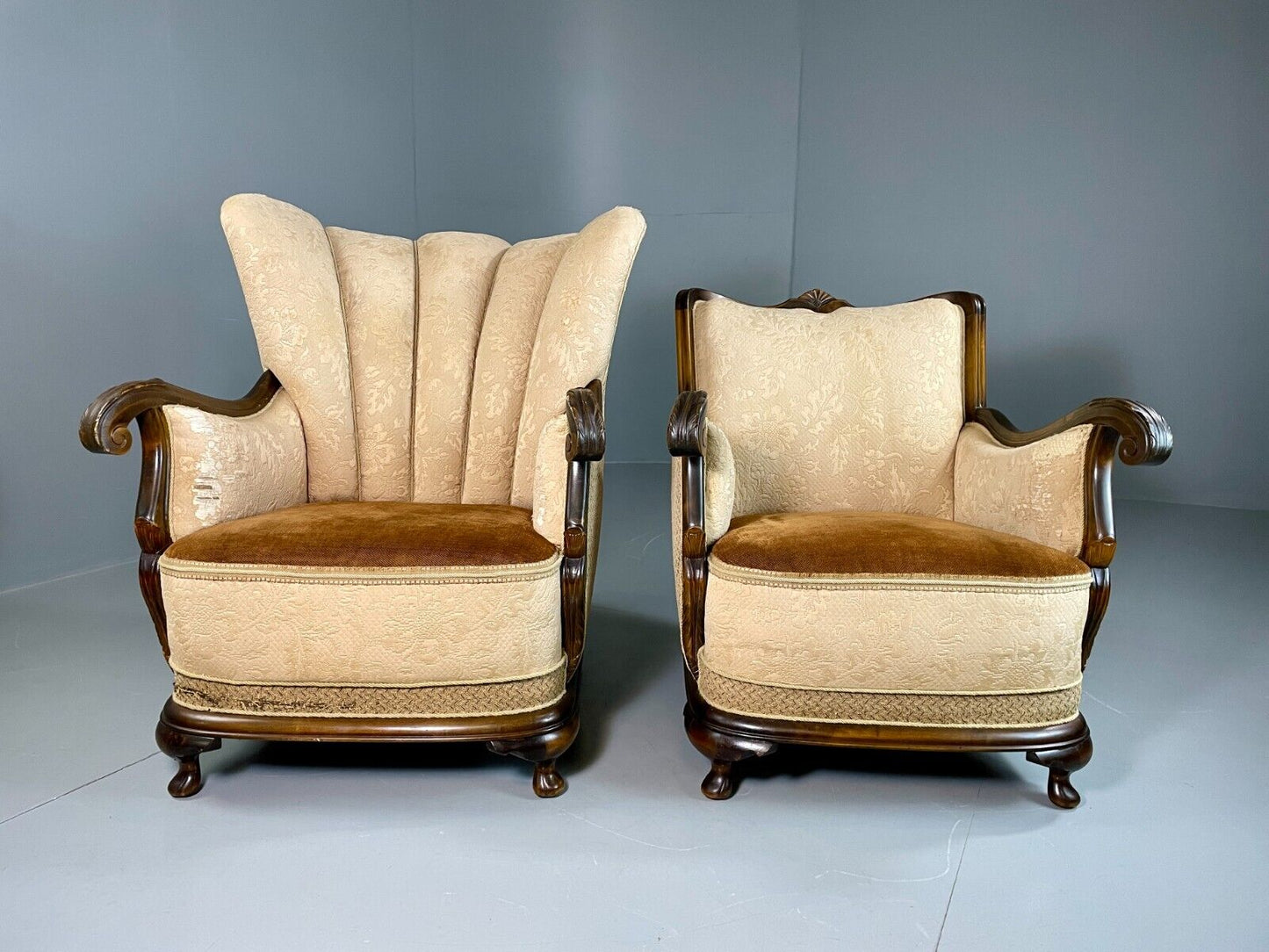 EB6395 2 Vintage Danish Lounge Chairs Antique Deco Cabriole Leg Brocade VCLO