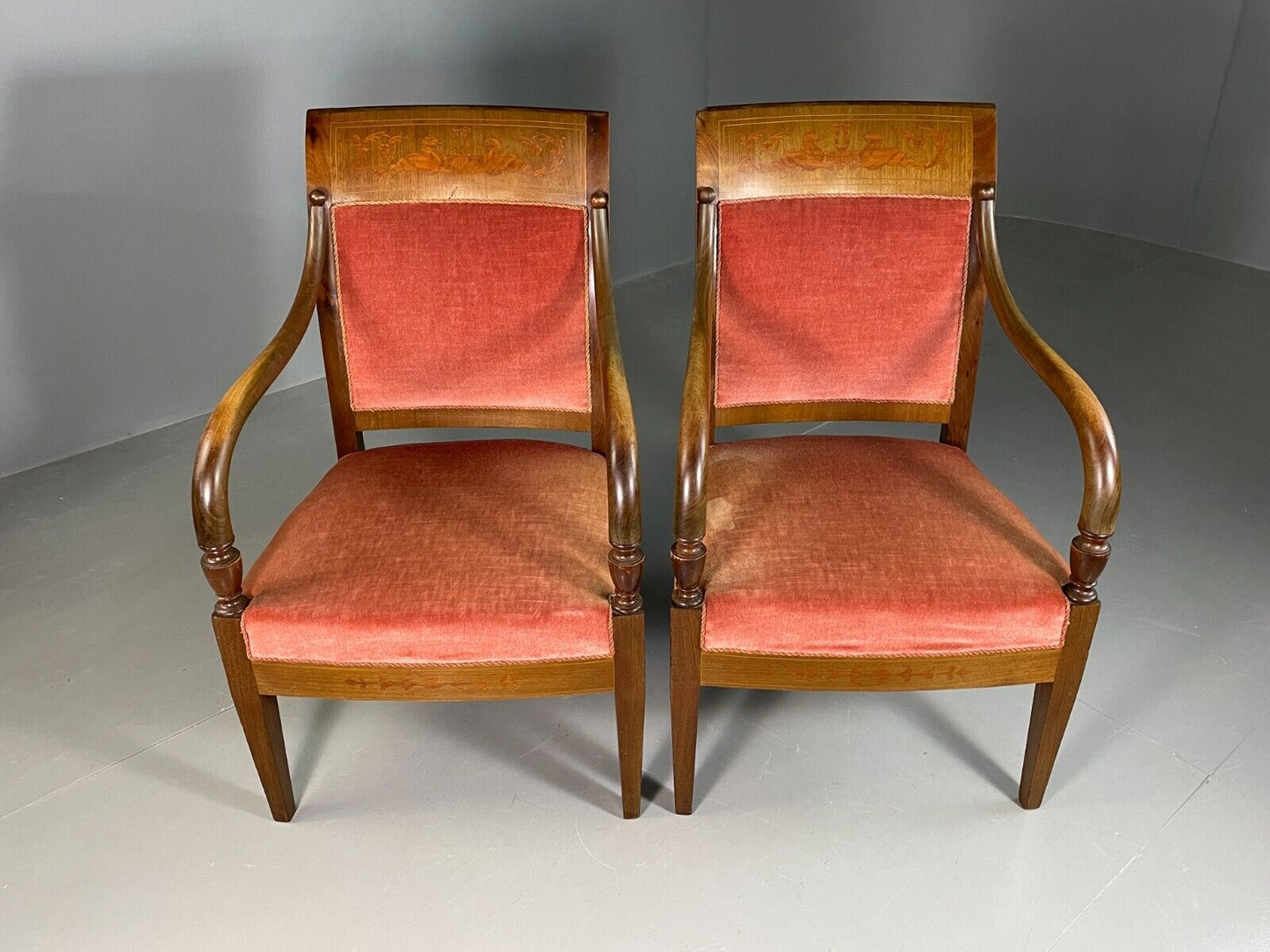 EB6727 2 Vintage Danish Lounge Chairs Beech Wood Pink Velour Antique Empire VCLO