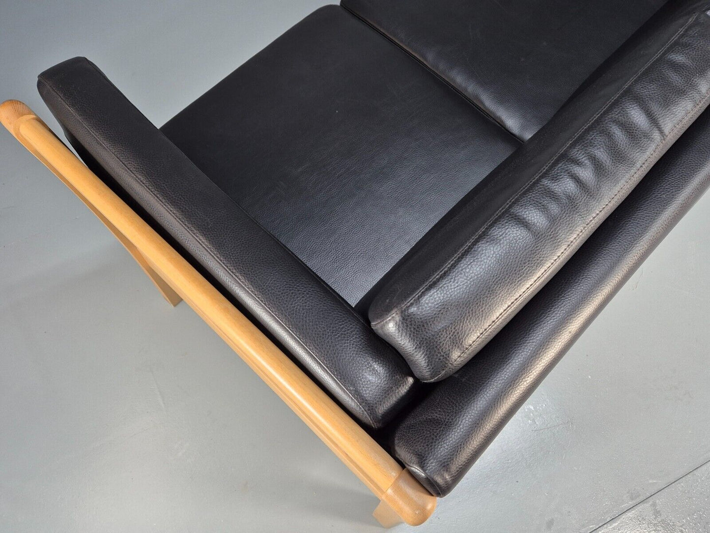 Vintage Danish 2 Seart Sofa Black Leather Wood Ends 1980s Retro MCM EB8629 M2SS