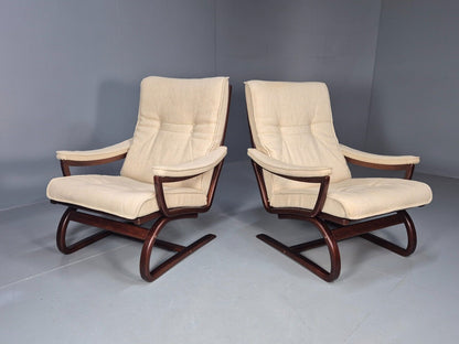 2 Vintage Danish Lounge Chairs Cream Wool Bentwood 1980s Retro MCM EB8540 MBEN