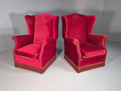 Pair Vintage Danish Wing Back Red Velour Studded Armchairs EB8059 VCLO