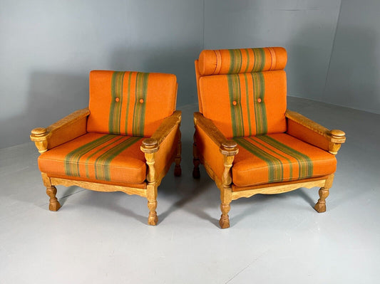 EB6716 2 Vintage Danish Lounge Chairs Orange Green Oak Kjaernulf Retro MCM MNOR