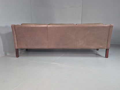 Vintage Danish 3 Seat Sofa Brown Leather Mogensen Style 1970s Retro EB8201 M3SS