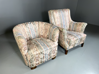 EB5311 Vintage Danish Pair of Armchairs Bold Print Fabric Beech Feet VCLO