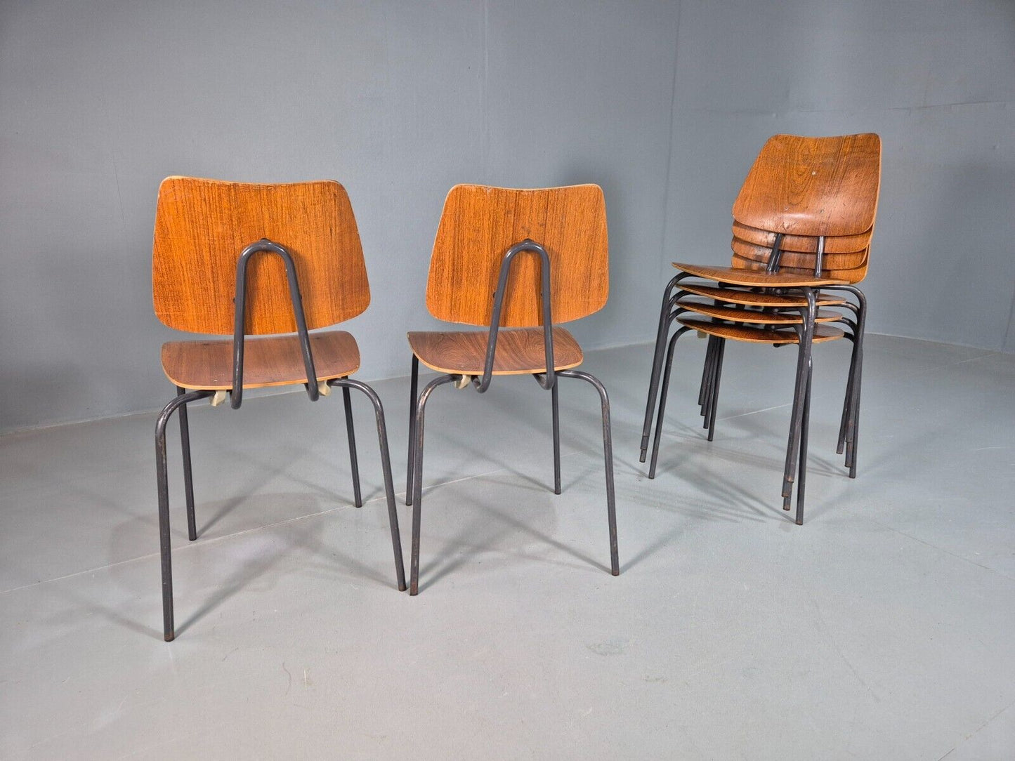 6 Vintage Danish Stacking Chairs Teak Plywood Steel Frame 1960 Retro EB8377 MSTA