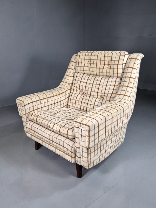 Vintage Danish Lounge Chair Cream Wool Checkered 1970s Retro MCM EB7381 MNOR