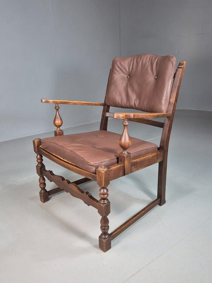 Vintage Danish Lounge Chair Brown leather Oak Frame Jacobean Style EB8089 VCAR